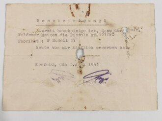 Bescheinigung über den Kauf einer Pistole P27 unter zwei Wehrmachtsangehörigen, datiert 1944