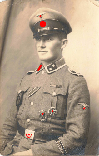 Studioaufnahme eines Angehörigen der Waffen SS mit Ärmelband "Germania". Ansichtskartenformat