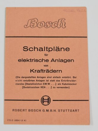 Bosch "Schaltpläne für elekt. Anlagen von Krafträdern", aufgefaltet DIN A4, Druckvermerk von 1941