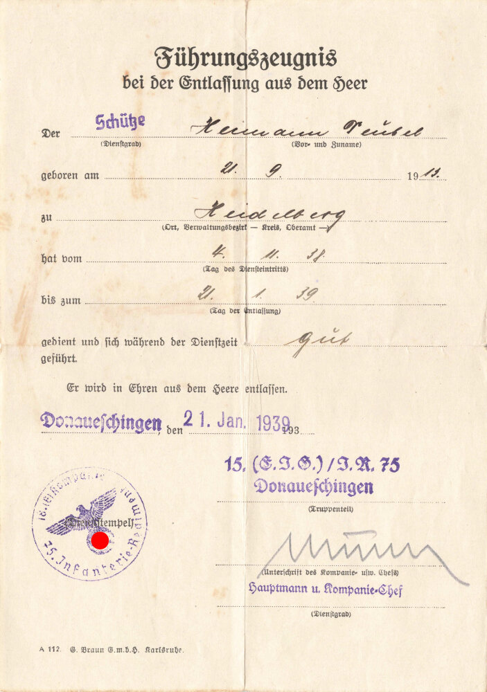 Führungszeugnis bei der Entlassung aus dem Heer, Dienstgrad Schütze,