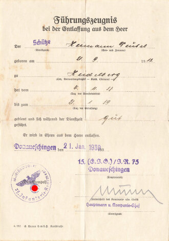 Führungszeugnis bei der Entlassung aus dem Heer, Dienstgrad Schütze, datiert Donaueschingen 1939, DIN A5, gebraucht