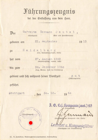 Führungszeugnis bei der Entlassung aus dem Heer, Dienstgrad Gefreiter, datiert Stuttgart 1940, DIN A5, gebraucht