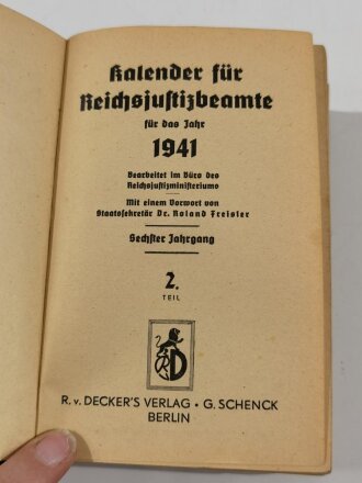 "Kalender für Reichsjustizbeamte" 1941, Teil 2, 1119 Seiten, Kleinformat, stark gebraucht, Einband fast lose