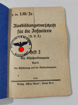 Ausbildungsvorschrift für die Infanterie Heft II Die Schützenkompanie Teil b, 1936, 42 Seiten, DIN A6, gebraucht