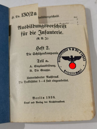 Ausbildungsvorschrift für die Infanterie Heft II Die Schützenkompanie Teil a, 1938, 192 Seiten, DIN A6, gebraucht