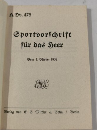 H.Dv.475, Sportvorschrift für das Heer, datiert 1938, 126 Seiten, DIN A6, gebraucht