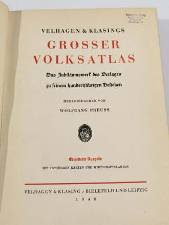 Großer Volksatlas mit Großflächenkarte,1940, 136 Seiten, 23,5 x 32,5 cm, gebraucht