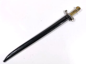 Frankreich, Seitengewehr Modell 1842 nummerngleich, Ringdurchmesser 23 mm, Scheide neuzeitlich geschwärzt, Hersteller Chatellerault 1853 ?