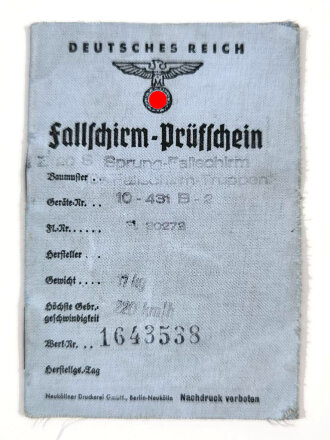 Fallschirmjäger " Fallschirm Prüfschein für RZ20 Sprung Fallschirm"