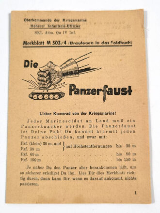 Kriegsmarine, "Merkblatt M503/4 Die Panzerfaust" Einzulegen in das Soldbuch, 4 Seiten