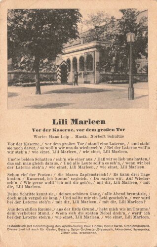 Ansichtskarte Liedertext "Vor der Kaserne, vor dem großen Tor" Lili Marleen
