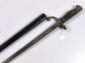 Belgien, Seitengewehr Epee Modell 1882 , Garde Civic, für Comblaingewehr, eisernes Gefäß ähnlich französischem Grasseitengewehr, dieses allerdings mit Messinggriff Modell 1874 ,Scheide schwarz nachlackiert,