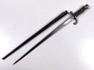 Belgien, Seitengewehr Epee Modell 1882 , Garde Civic, für Comblaingewehr, eisernes Gefäß ähnlich französischem Grasseitengewehr, dieses allerdings mit Messinggriff Modell 1874 ,Scheide schwarz nachlackiert,