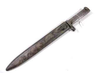 1.Weltkrieg, Ersatzseitengewehr 88/98 Eisengriff, Blechprägescheide mit Farbresten,  Gesamtlänge 46 cm,