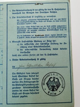 Freiwilliger Arbeitsdienstpaß eines Angehörigen aus Nürtingen, Eintritt 1935