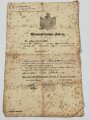 Ausmusterungs-Schein eines Angehörigen der königl. Departements Ersatz-Kommission im Bezirk der 32. Infanterie-Brigade, datiert 1864, fleckig, geknickt