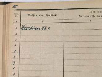 "Waffen- u. Gerätenachweis (Werknummernverzeichnis) der 1./ schw. Flakabteilung 393" mit Eintragungen von 1939 bis 1944