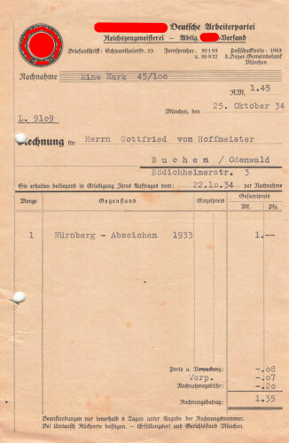 Reichszeugsmeisterei - Abteilung SA-Versand, Rechnung über ein Nürnberg - Abzeichen 1933, gelocht, datiert 1934