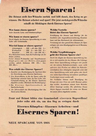 "Eisern Sparen!", datiert 1864, Handzettel / Flugblatt E/0195, DIN A4, sehr guter Zustand