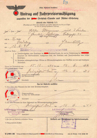 "Antrag auf Fahrpreisermäßigung" zugunsten der Hilter-Freiplatz Spende und Mütter-Erholung, datiert 1941, DIN A4
