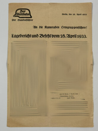 Der Stahlhelm, Der Bundesführer, "Lagebericht und Befehl vom 28. April 1933", geknickt, 4-Seitig, DIN A4