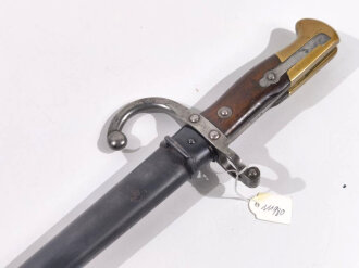 Frankreich/Kaiserreich, Epee Seitengewehr Gras Modell 1874,  deutsches Beutestück aptiert für Gewehr 1888, St.Etienne 1879, flach und schräg abgefräster Messingknauf, ausgefräster Laufring