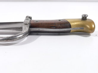 Frankreich/Kaiserreich, Epee Seitengewehr Gras Modell 1874,  deutsches Beutestück aptiert für Gewehr 1888, St.Etienne 1879, flach und schräg abgefräster Messingknauf, ausgefräster Laufring