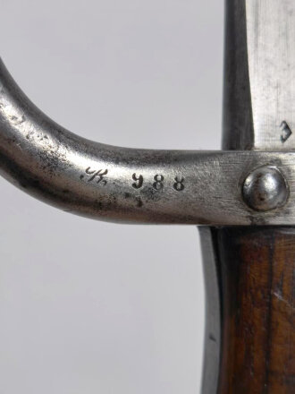 Frankreich/Kaiserreich, Epee Seitengewehr Gras Modell 1874,  deutsches Beutestück aptiert für Gewehr 1888, St.Etienne 1879, flach und schräg abgefräster Messingknauf, ausgefräster Laufring