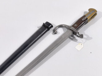 Frankreich/Kaiserreich, Epee Seitengewehr Gras Modell 1874,  deutsches Beutestück aptiert für Gewehr 1888, St.Etienne 1879, flach und schräg abgefräster Messingknauf, ausgefräster Laufring