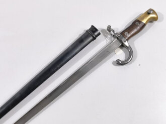 Frankreich/Kaiserreich, Epee Seitengewehr Gras Modell 1874,  deutsches Beutestück aptiert für Gewehr 1888, St.Etienne 1879, flach und schräg abgefräster Messingknauf, ausgefräster Laufring