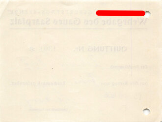 Spenden Quittung "Adolf Hitler Geburtstags-Spende" Wehrgabe des Gaues Saarpflaz, datiert 1936, gelocht, DIN A6