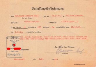 SA der NSDAP - Entlassungsbescheiniung eines Werhmann wegen Krankheit, datiert 1940, geknickt, DIN A5
