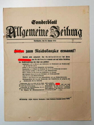 Allgemeine Zeitung Sonderblatt "Hitler zum Reichskanzler ernannt!" Nordhausen 30. Januar 1933, geknickt über DIN A4