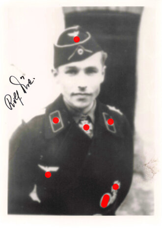 Deutschland nach 1945, Ritterkreuzträger Rolf Düe, eigenhändige Unterschrift auf Reprofoto