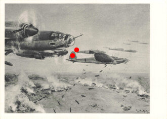 Ansichtskarte Theo Matejko "Heinkel- Kampfflugzeuge He111 beim Bombenwurf"
