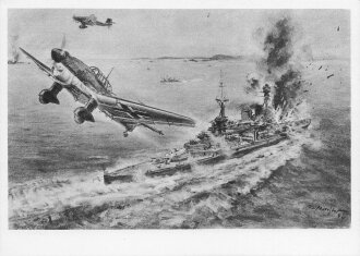 Ansichtskarte Theo Matejko "Stuka Junkers- Ju 87 hat ein englisches Schlachtschiff mit Bomben belegt"