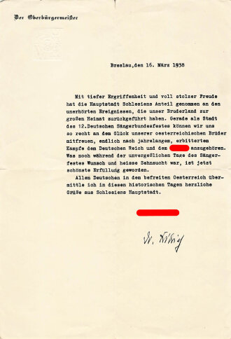 Hans Friedrich, Oberbürgermeister von Breslau , eigenhändige Unterschrift auf Schriftstück anlässlich des Anschluss Österreich im März 1938