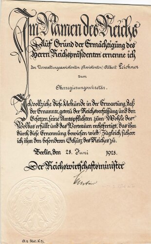 Reichswirtschaftsminister Julius Curtius, eigenhändige Unterschrift auf einer Ernennungsurkunde, ausgestellt am 28.Juni 1928