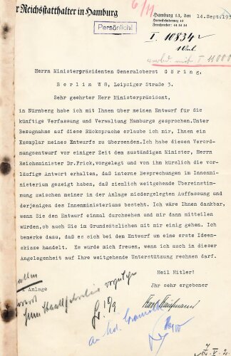 Karl Kaufmann, Gauleiter und Reichssatthalter von Hamburg. Eigenhändige Unterschrift auf Schreiben an den Ministerpräsidenten Generaloberst Göring , datiert 14.9.1937