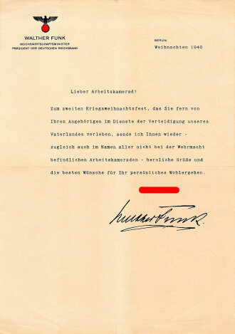 Walther Funk, Reichswirtschaftsminister und Präsident der Deutschen Reichsbank, gedruckte Unterschrift auf Anschreiben vom Dezember 1940