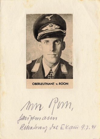 Ritterkreuzträger Oberleutnant von Roon, Zeitungsausschnitt mit eigenhändiger Unterschrift