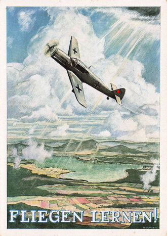 Farbige Propaganda Postkarte "Fliegen lernen!"