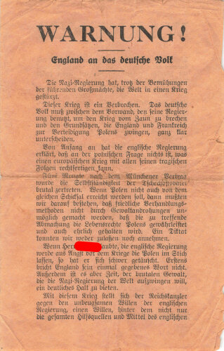 Britisches Flugblatt 2.Weltkrieg " Warnung ! England...