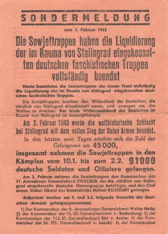 Stalingrad, Russisches Flugblatt 2.Weltkrieg " Sondermeldung vom 2.Februar 1943, Die Sowiettruppen haben die Liquidierung der im Raume von Stalingrad eingekesselten ..... "