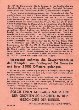 Stalingrad, Russisches Flugblatt 2.Weltkrieg " Sondermeldung vom 2.Februar 1943, Die Sowiettruppen haben die Liquidierung der im Raume von Stalingrad eingekesselten ..... "