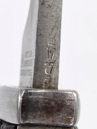 1.Weltkrieg Seitengewehr Modell 84/98 , Abnahmestempel auf Klingenrücken W 17 , Hersteller Gottlieb Hammesfahr Solingen Foche, Klinge feldmäßig angeschliffen,