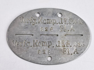 Erkennungsmarke Wehrmacht aus Aluminium eines Angehörigen " Verfg.komp.J.E.B.414 828 B1.A " Verpflegungskompanie Infanterie- Ersatz Battalion 414