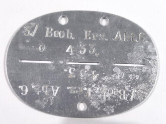 Erkennungsmarke Wehrmacht aus Aluminium eines Angehörigen " 3./Beob.Ers.Abt.6 " 3./Beobachter Ersatz Abteilung.6