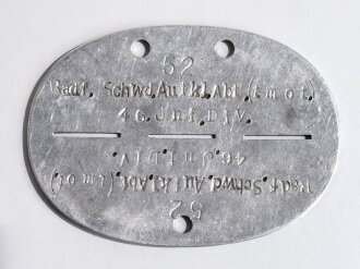 Erkennungsmarke Wehrmacht aus Aluminium eines Angehörigen " Radf.Schwd.Aufkl.Abt. 8tmot) 46 Inf.Div " Radfahr Schwadron Aufklärungsabteilung ( teilmotorisiert ) 45 Infanterie Division