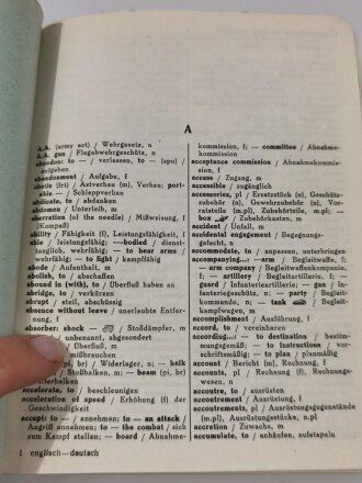 Franckhs Militär-Wörterbuch "Englisch/Deutsch - Deutsch/Englisch für Werhmacht und Wehrtechnik" Band 1, datiert 1937, ca. 300 Seiten, DIN A5